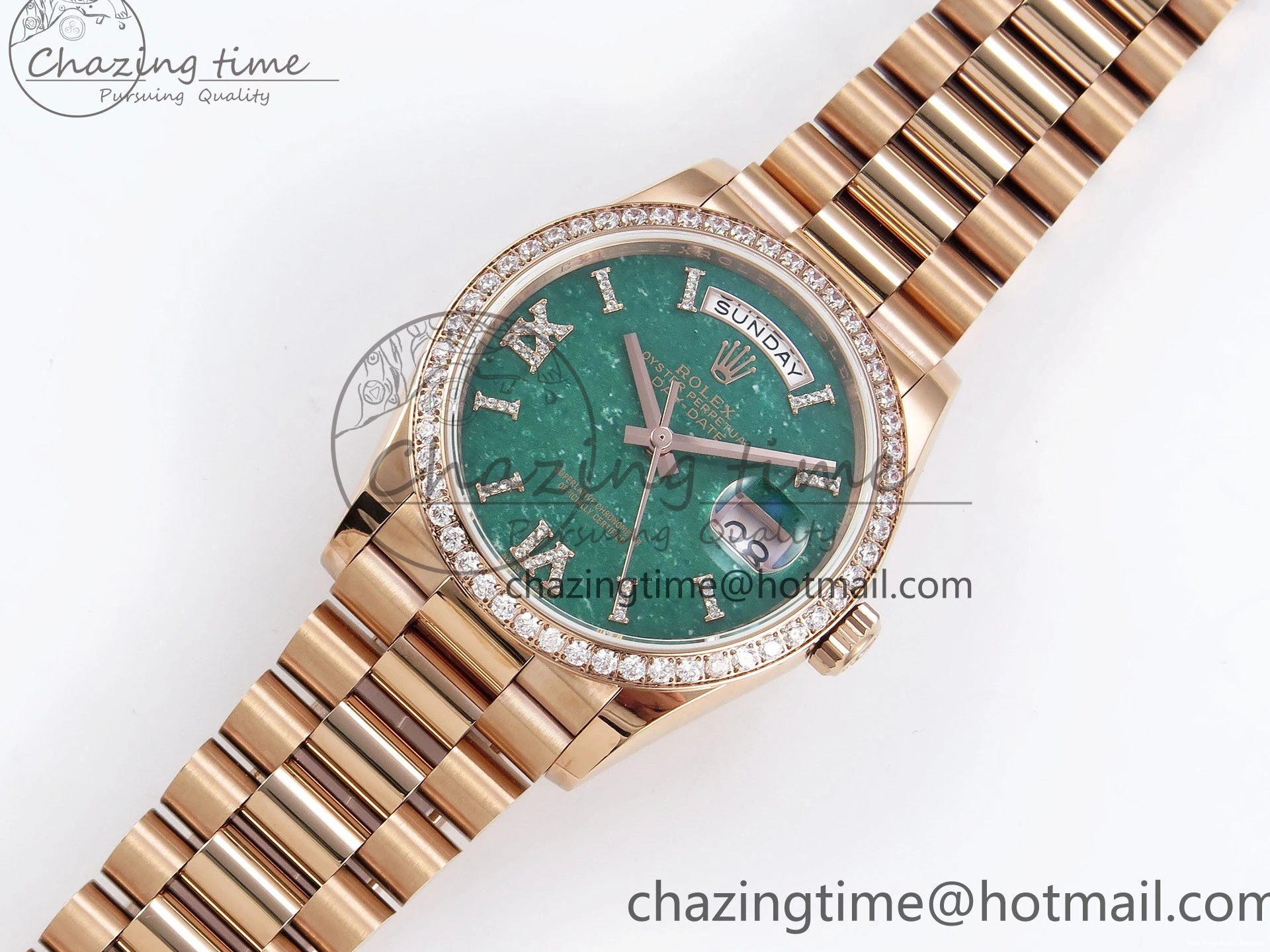 Good Copy Rolex Watches Edition RG on TWSF 36 Diamonds Diamonds Date Bezel Day SmartChoice Green 1608 Best Dial Roman RG A Bracelet 0114